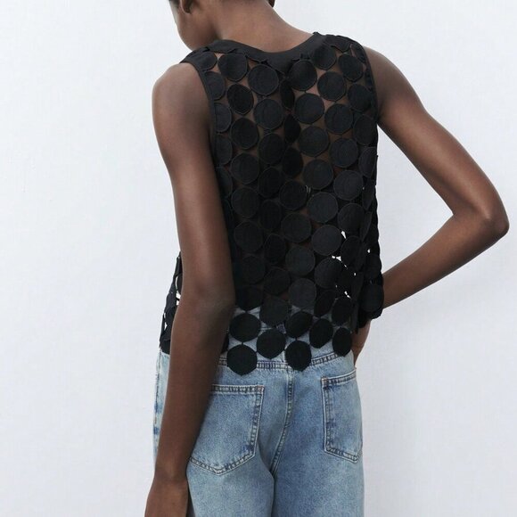 Black Casual Womens Round Polka Dot Breathable Tank Top - Picture 2 of 5